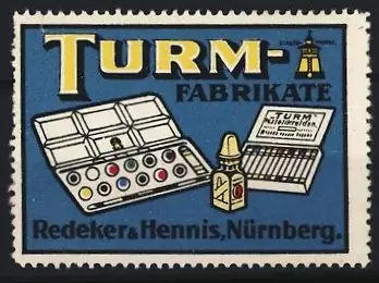 Reklamemarke Nürnberg, Redeker & Hennis, Farben und Pastellkreide, Farbkasten und Turmlogo
