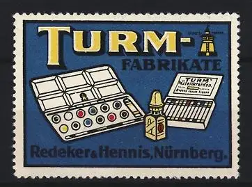 Reklamemarke Nürnberg, Redeker und Hennis, Schreibutensilien, Farbpalette und Pastellkreide Marke Turm, Farbkästen