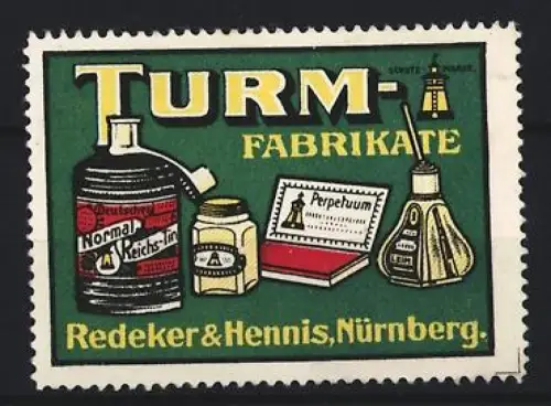 Reklamemarke Nürnberg, Redeker und Hennis, Tinte und Stempelkissen der Marke Turm, Turmlogo und Tintenfass