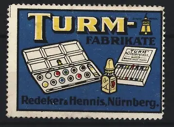 Reklamemarke Nürnberg, Redeker und Hennis, Farbe und Pastellkreide Marke Turm