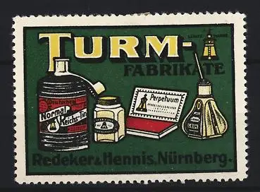 Reklamemarke Nürnberg, Redeker & Hennis, Tinte und Stempelkisten der Marke Turm