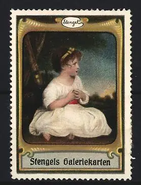 Reklamemarke Stengel, Galeriekarten, Sitzendes Mädchen mit weissem Kleid