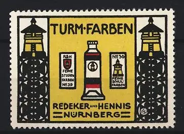 Reklamemarke Nürnberg, Redeker & Hennis, Farben der Marke Turm, Farbtube und Türme