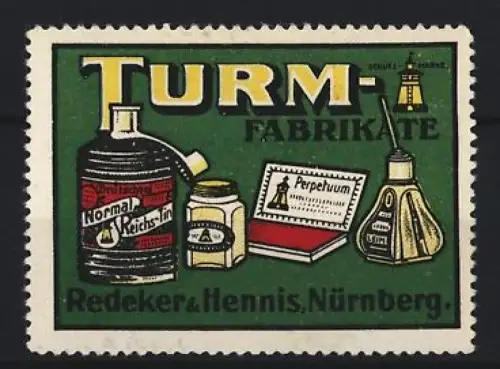 Reklamemarke Nürnberg, Redeker & Hennis, Schreibutensilien der Marke Turm, Stempelkissen und Tintenfass