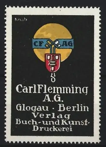 Reklamemarke Glogau, Carl Flemming A.G., Buch- und Kunstdruckerei, Verlagssymbol