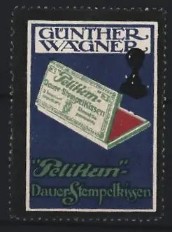 Reklamemarke Günther Wagner, Pelikan-Dauerstempelkissen, Stempelkissenbox mit Stempel