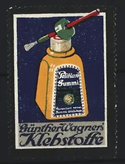 Reklamemarke Günther Wagner, Pelikan Klebstoff, Flakon mit Pinsel