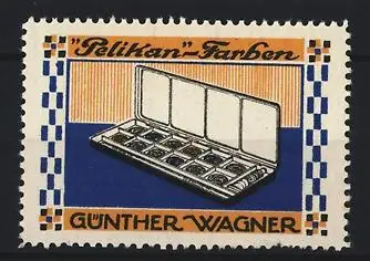Reklamemarke Günther Wagner, Pelikan-Farben, Farb- und Tuschkasten