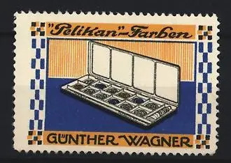 Reklamemarke Günther Wagner, Pelikan-Farben, Farb- und Tuschkasten