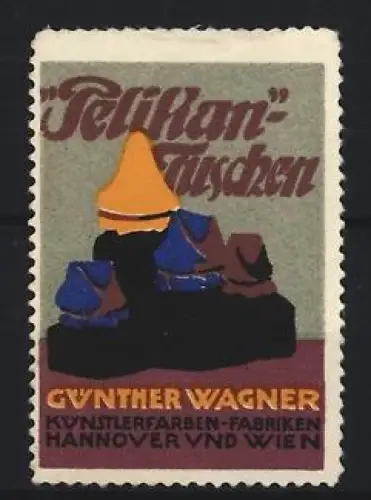 Reklamemarke Hannover, Günther Wagner, Pelikan-Tuschen, Figuren in verschiedenen Farben