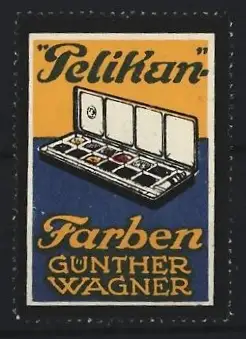 Reklamemarke Günther Wagner, Pelikan-Farben, Farb- und Tuschkasten
