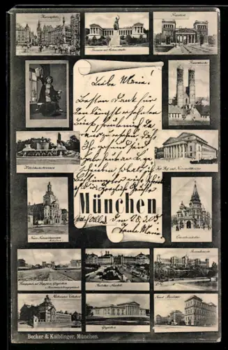 AK München, Frauenkirche, Bavaria mit Ruhmeshalle, Marienplatz