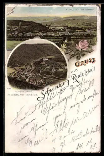 Lithographie Schwarzburg-Rudolstadt, Panorama vom Trippstein, Teilansicht von Cumbach