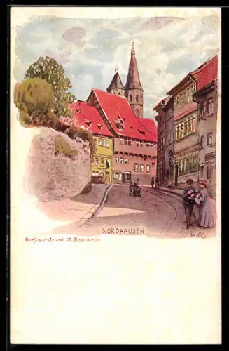 Künstler-AK Nordhausen, Barfüsserstrasse und St. Blasiikirche