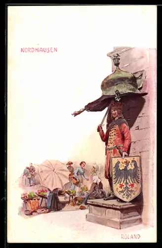 Lithographie Nordhausen, Blick auf die Rolandstatue am Marktag