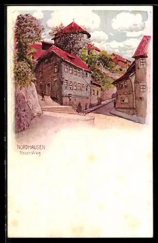 Lithographie Nordhausen, Strasse Neuer Weg mit Treppe