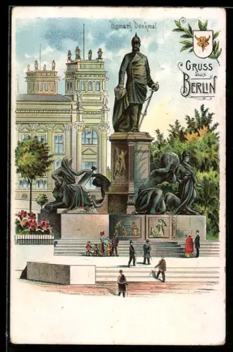 Lithographie Berlin-Tiergarten, Besucher vor dem Bismarck Denkmal