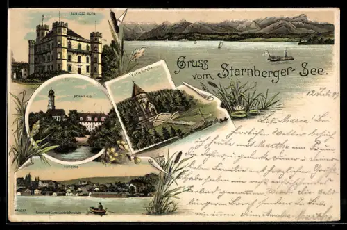 Lithographie Bernried /Starnberger See, Uferpartie mit Kirche, Schloss Berg, Tutzing