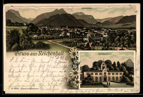 Lithographie Reichenhall, Gesamtansicht und Brunnencapelle