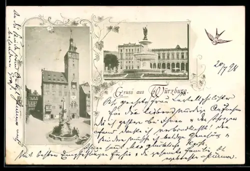 AK Würzburg, Rathaus, Brunnen