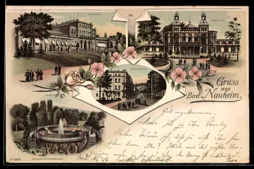 Lithographie Bad Nauheim, Kurhaus, Sprudel, Badehaus