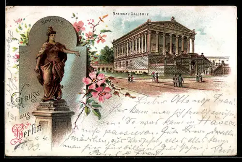 Lithographie Berlin, National-Galerie auf der Museumsinsel, Berolina-Statue