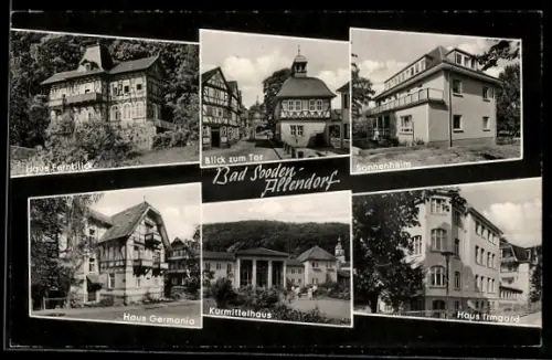 AK Bad Sooden-Allendorf, Kurmittelhaus, Haus Germania, Haus Fernblick, Sonnenheim, Haus Irmgard, Blick zum Tor