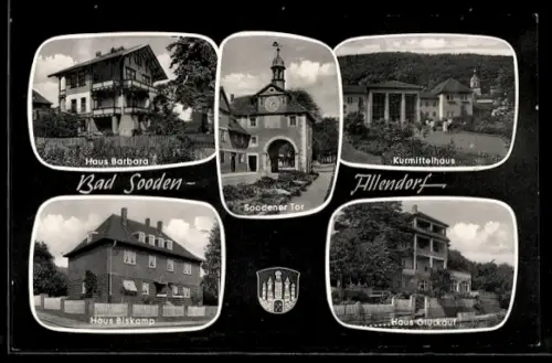 AK Bad Sooden-Allendorf, Haus Glückauf, Soodener Tor, Kurmittelhaus, Haus Barbara, Wappen