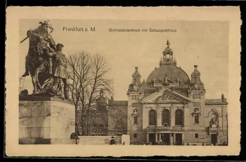 AK Frankfurt a. M., Bismarckdenkmal mit Schauspielhaus