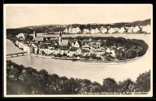 AK Wasserburg a. Inn, Ortsansicht mit Inn-Schleife aus der Vogelschau