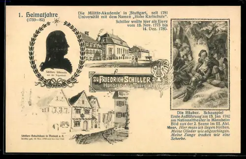 Künstler-AK Marbach a. N., Heimatjahre Schillers, Geburtshaus, Militärakademie Stuttgart, Szenenbild Die Räuber