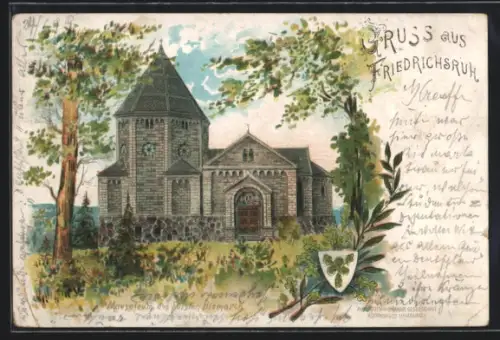 Lithographie Friedrichsruh, Mausoleum des Fürsten Bismarck, Wappen