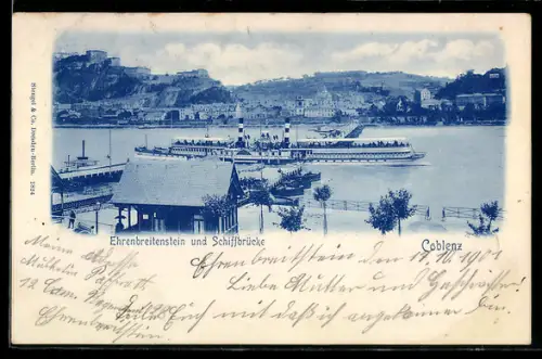 AK Koblenz, Ehrenbreitenstein und Schiffsbrücke