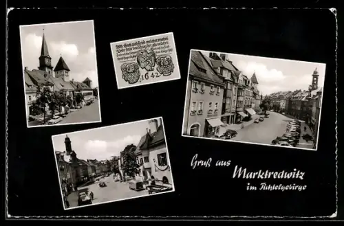 AK Marktredwitz im Fichtelgebirge, Strassenpartien mit Kirche und Marktplatz, Wappen v. 1642