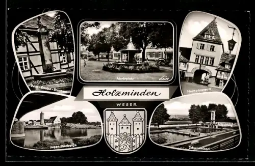 AK Holzminden, Marktplatz, Heimatmuseum, Wilhelm-Raabe-Brunnen, Jugendherberge, Schwimmbad