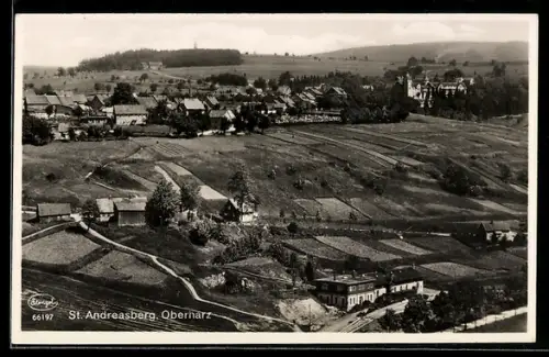 AK St. Andreasberg /Oberharz, Ortsansicht mit Feldern aus der Vogelschau