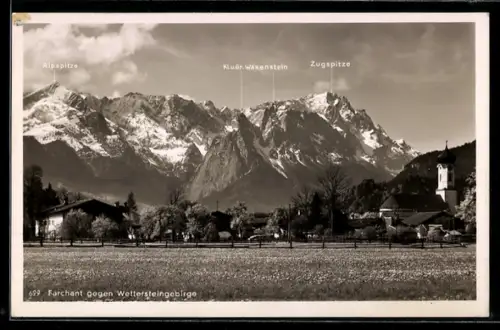 AK Farchant, Ortsansicht gegen Wettersteingebirge, Alpspitze, Waxenstein, Zugspitze
