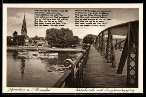 AK Holzminden an der Weser, Weserbrücke mit Dampfer und Klosterkirche, Gedicht
