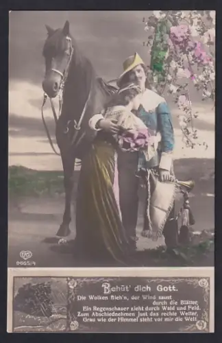 Foto-AK EAS Nr. 9665/4: Mann mit Trompete umarmt eine Frau, Behüt` dich Gott