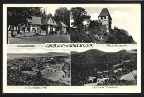 AK Stadtoldendorf, Schützenhaus, Försterbergturm und Blick zur Homburg
