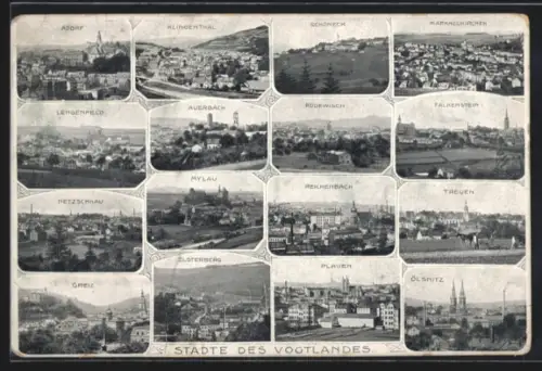 AK Plauen /Vogtland, Ansichten des Vogtlandes mit Mylau, Treuen, Falkenstein, Greiz, Auerbach, Schöneck