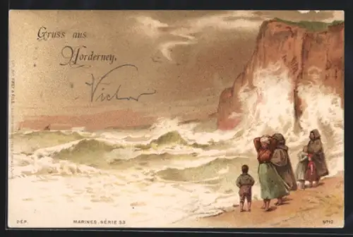 Lithographie Norderney, Brandung an der Steilküste