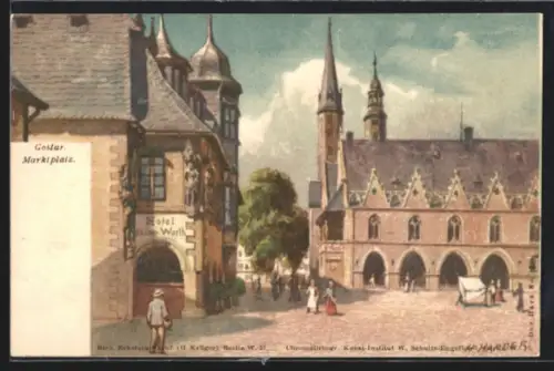 Lithographie Goslar, Marktplatz, Hotel Kaiser-Worth, Rathaus