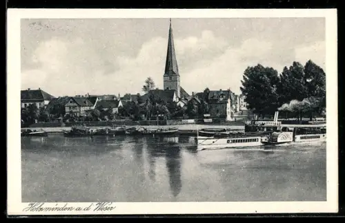 AK Holzminden a. d. Weser, Teilansicht mit Kirche, Raddampfer auf der Weser