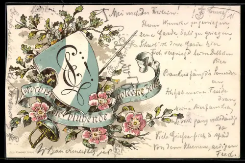 AK Studentenwappen in Hellblau-weiss-hellblau mit Zirkel, Noch ist die blühende goldene Zeit