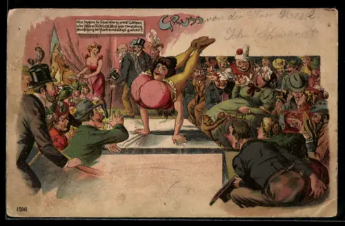 Lithographie Akrobatin auf einem Volksfest, Pierrot im Publikum