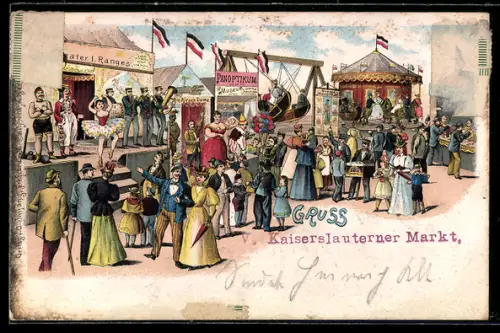 Lithographie Kaiserslautern, Volksfest Kaiserslauterner Markt, Panoptikum, Menschen auf Schaukeln, Bühnenshow