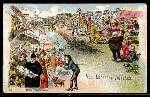 Lithographie Lübeck, Szenen auf dem Volksfest, Mann liest Der perfekte Spanier, Frau mit Hund