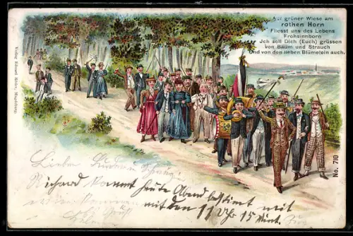 Lithographie Sängerfestzug auf einem Feldweg