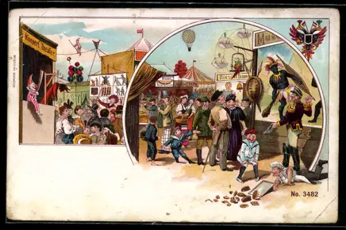 Lithographie Volksfest, Kasperl-Theater, Ballon, Wappen